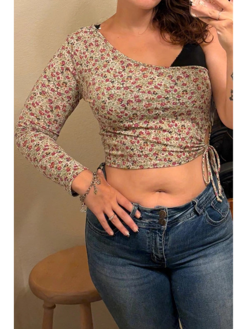 Floral Boho CottageCore Off the shoulder asymmetrical top with cinched side